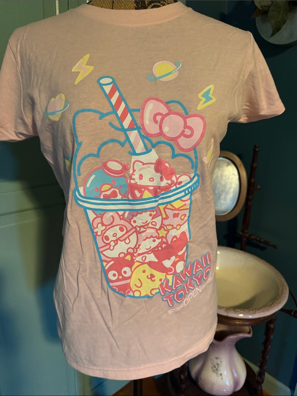 Sanrio Light Pink Bubble Tea Graphic Tee with Pastel Accents